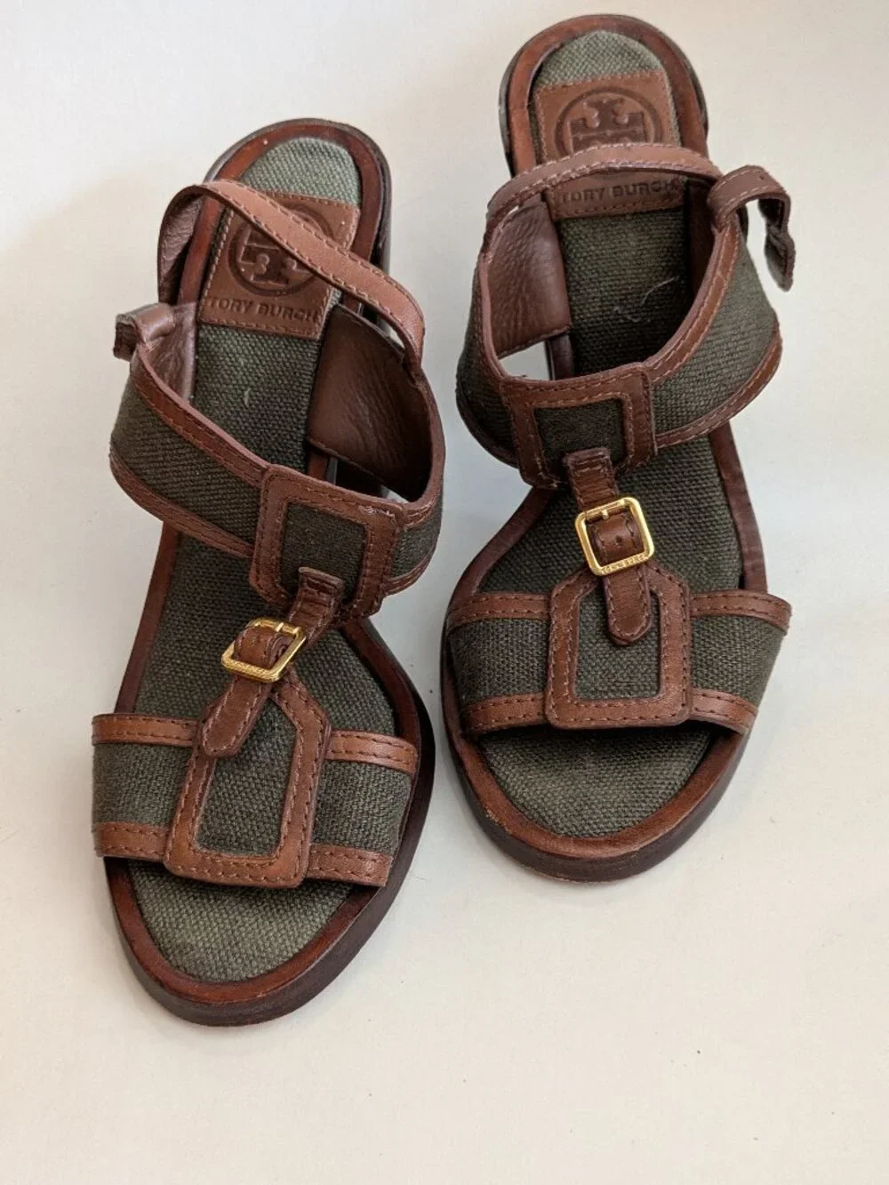 TORY BURCH Sandals / Brown leather with olive green fabric / 8M